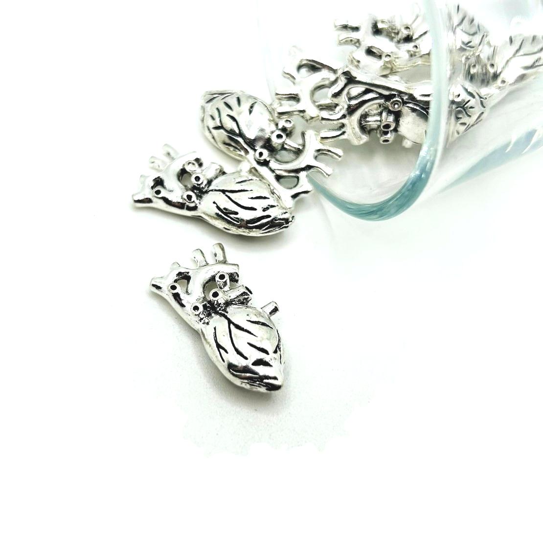 1, 4 or 20 Pieces: Silver Anatomical Human Heart 3D Charms