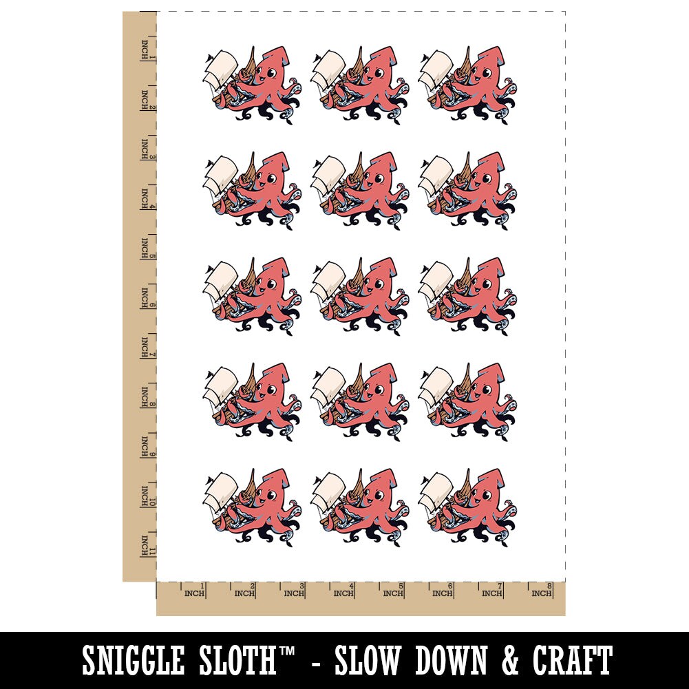 Adorable Sweet Kraken Squid Sea Monster Hug Ship Temporary Tattoo Water Resistant Fake Body Art Set Collection (1 Sheet)