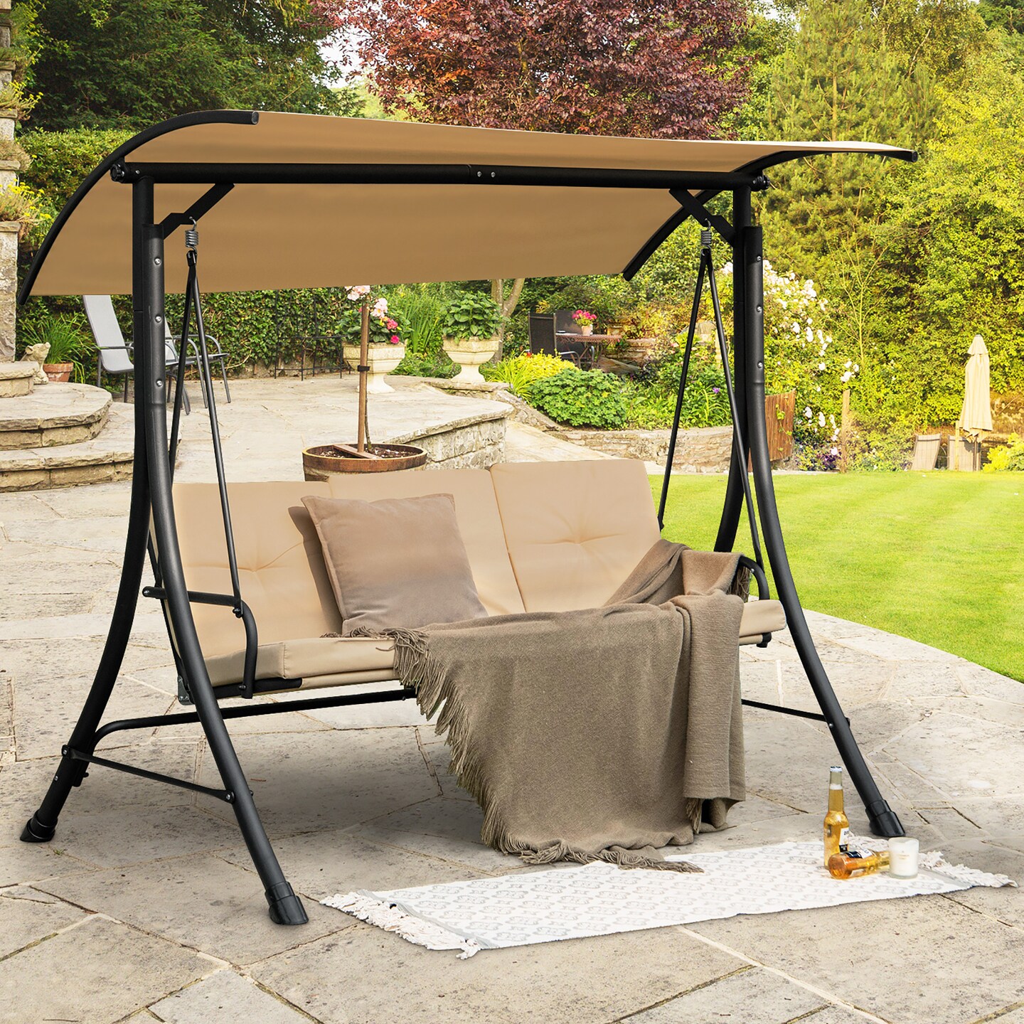 Costway 3-Seat Outdoor Porch Swing Adjustable Canopy Padded Cushions Steel Frame Beige/Black/Brown