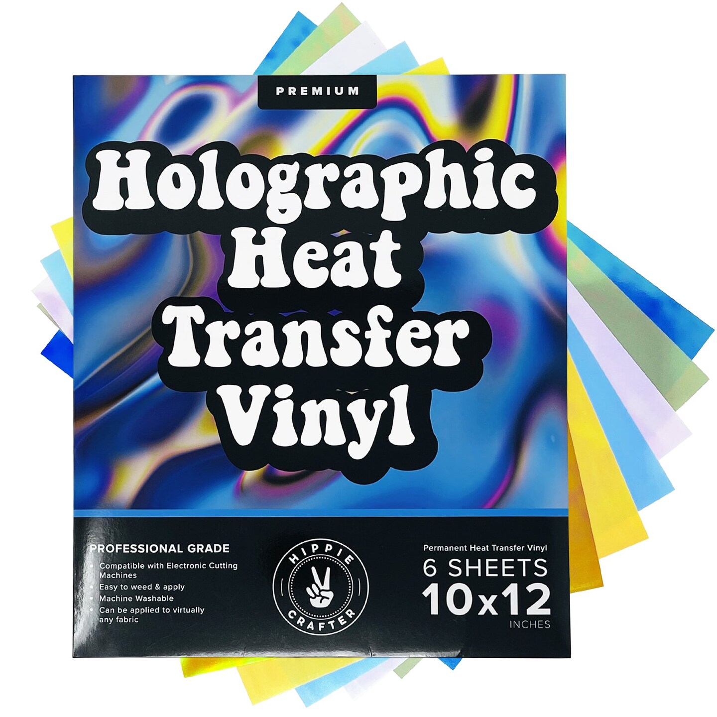 Holographic Permanent Vinyl HTV 6 Premium Permanent Vinyl Holographic Sheets Heat Transfer Holographic HTV Craft Foil Iridescent Opal Vinyl Sheets Without Roll in Gold Silver Chrome and Blue