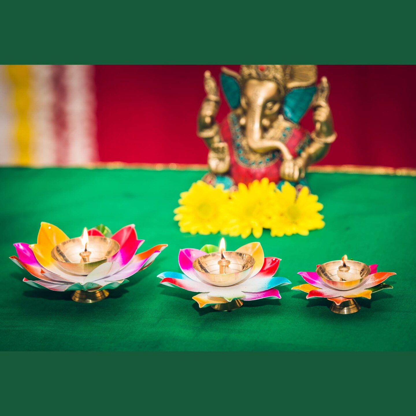 Multicolor Lotus Brass Diya &#x2013; Indian Craft Oil Lamp for Puja, Ideal Pooja Gift, Diwali Home Decoration, Mandir Temple Akhand Diya, Traditional Deepawali Return Gifts, Puja Articles