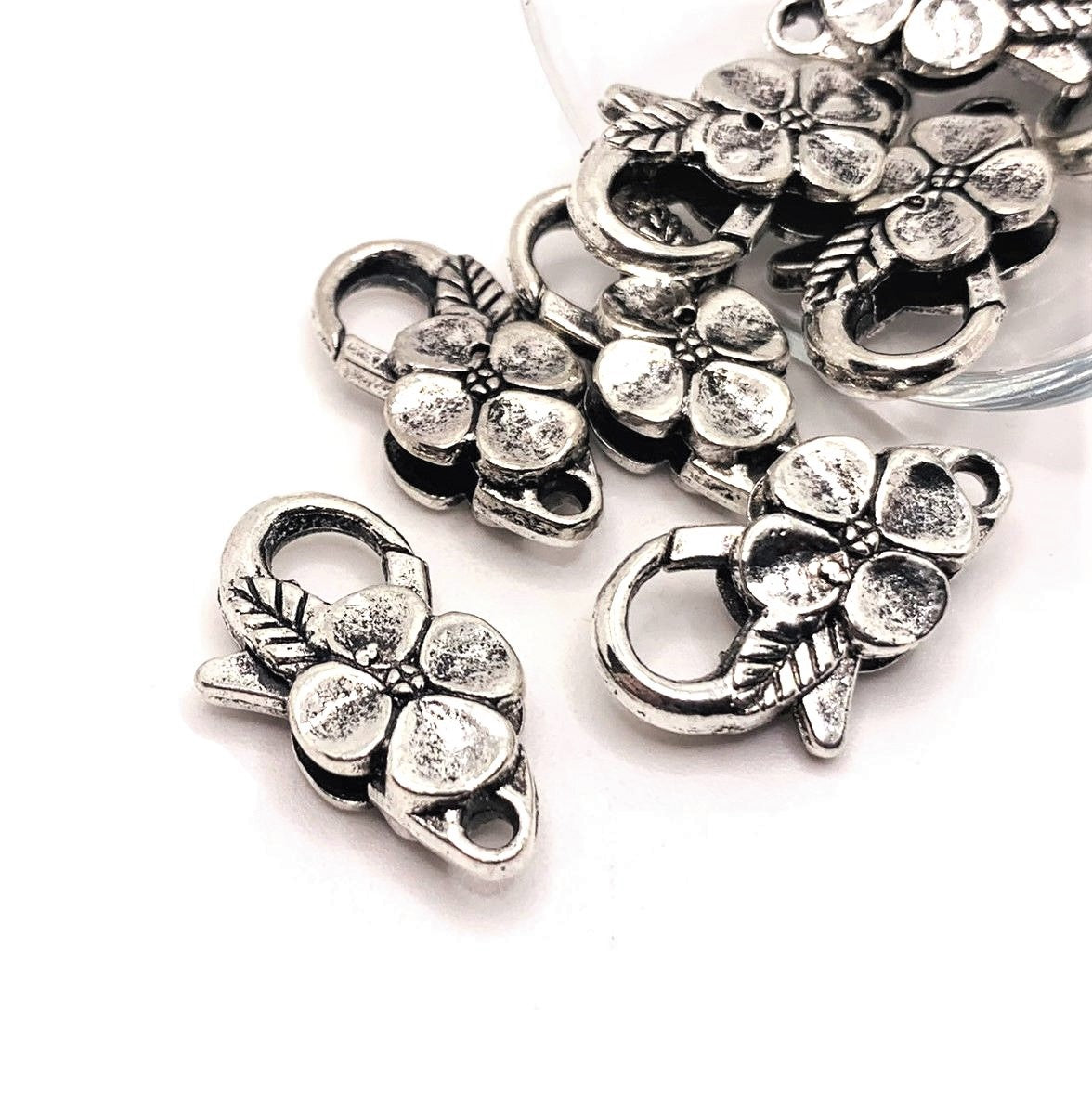 4, 20 or 50 Pieces: Large Silver Flower Lobster Clasps - Double Sided