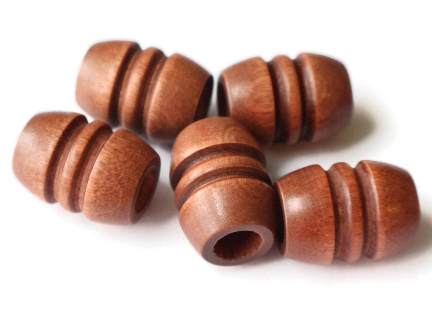 5 29mm Fluted Barrel Large Hole Medium Brown Wood Beads bA3