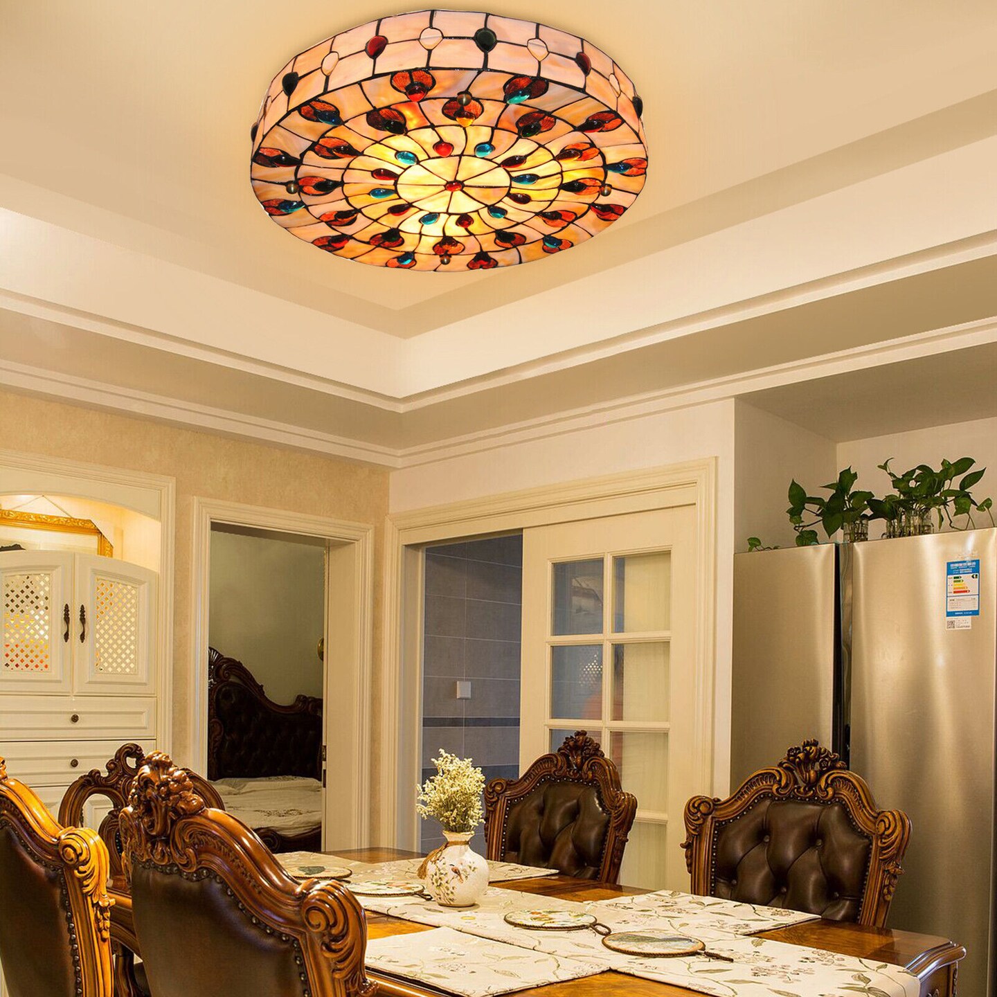 Kitcheniva Round Stained Glass Tiffany Style Flush Mount Chandelier