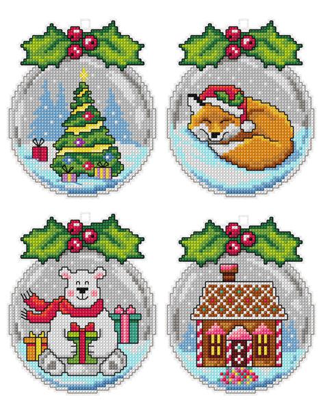Counted cross stitch kit with plastic canvas &#x22;Christmas balls&#x22; set of 4 designs 7678