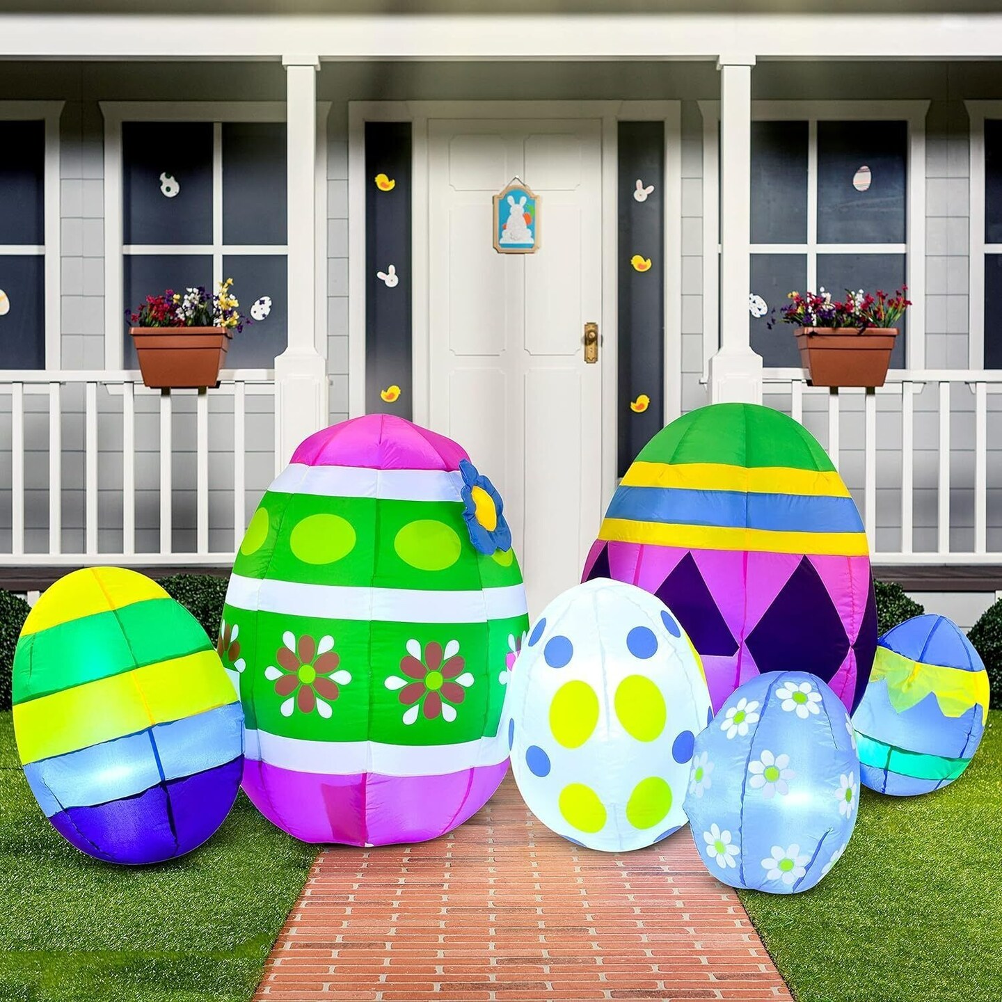 7.5 ft Long Easter Inflatable Eggs with Build-in LEDs for Easter Party Decor