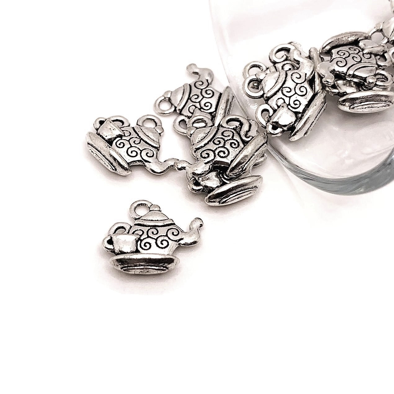 4, 20 or 50 Pieces: Silver Teapot Charms - Double Sided