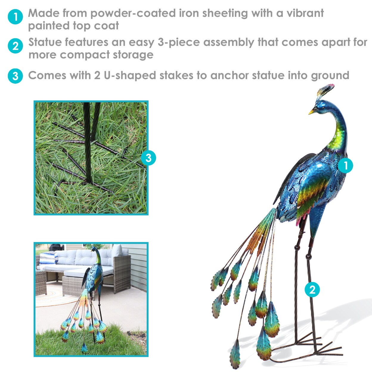 Sunnydaze   Peacock Outdoor Metal Garden Statue - 34.5 in