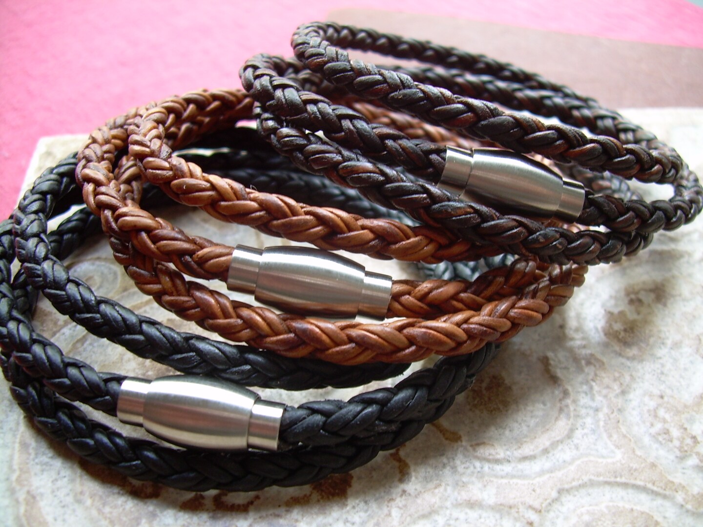 5mm Braided Triple Wrap Leather Bracelet With Matted Finish Stainless Steel Magnetic Clasp MakerPlace by Michaels
