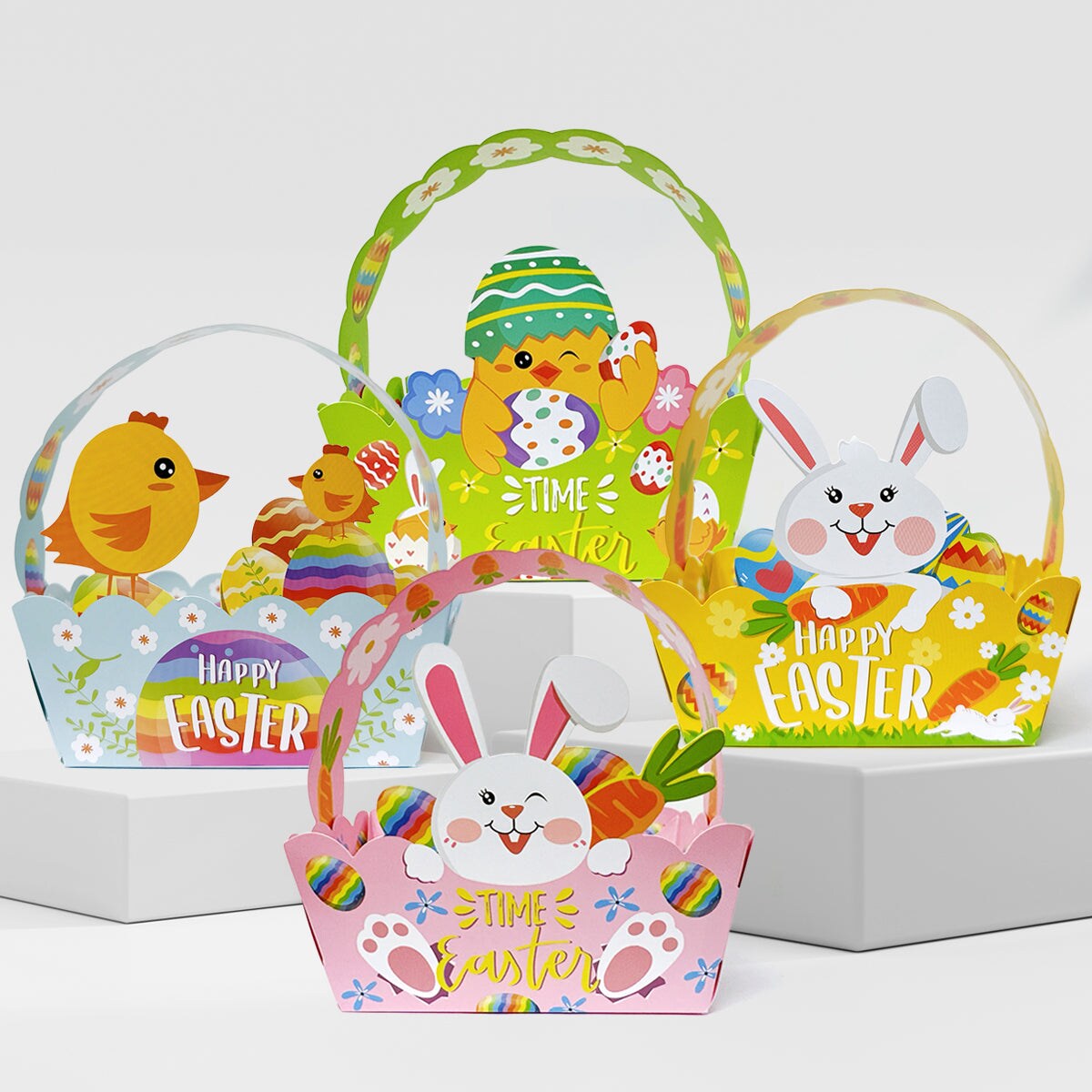 Wrapables Easter Gift Baskets with Handle, Treat Boxes for Eggs, Cookies and Candy, Set of 12, Vibrant Easter Eggs