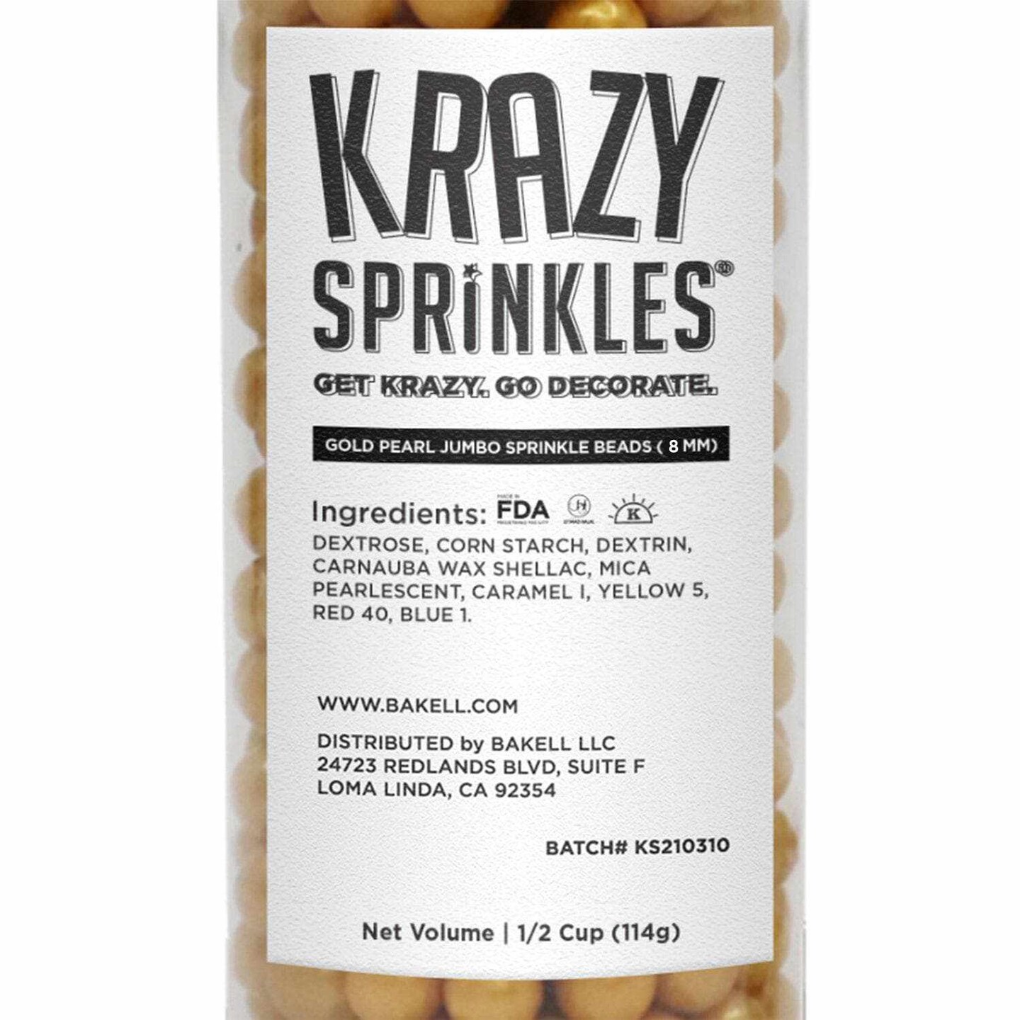 Krazy Sprinkles - Gold Pearl 8mm Beads (1/2 Cup, 1x Jar) for Cakes, Ice Cream & Cookies