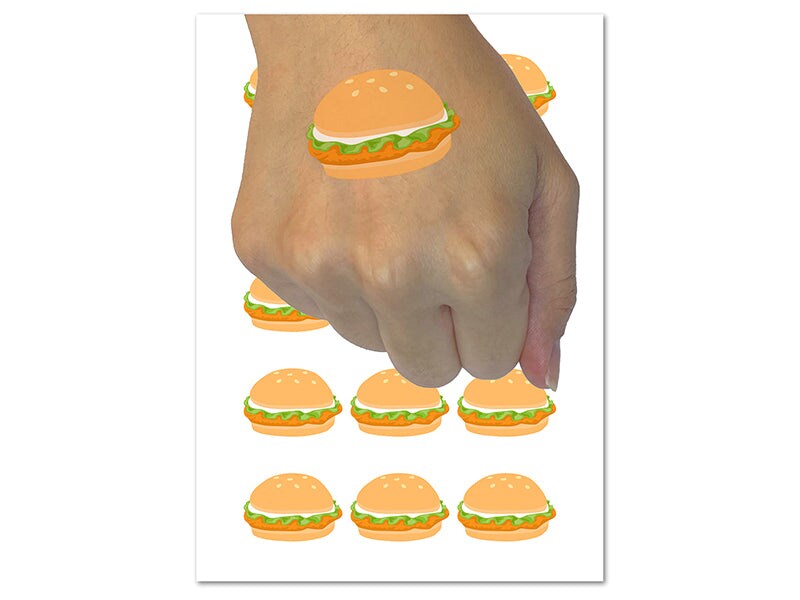 Tasty Chicken Sandwich Burger Fast Food Temporary Tattoo Water Resistant Fake Body Art Set Collection (1 Sheet)