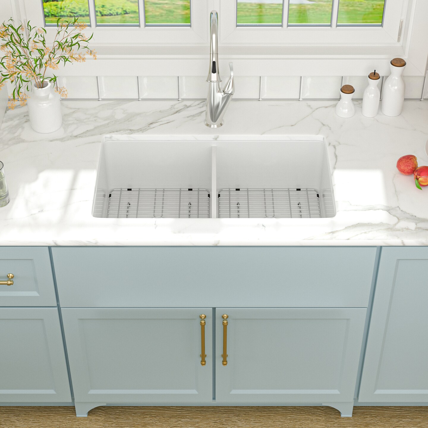 32"x19" Undermount White Ceramic Kitchen Sink Single Bowl,Kitchen Sink Double Bowl with Strainer