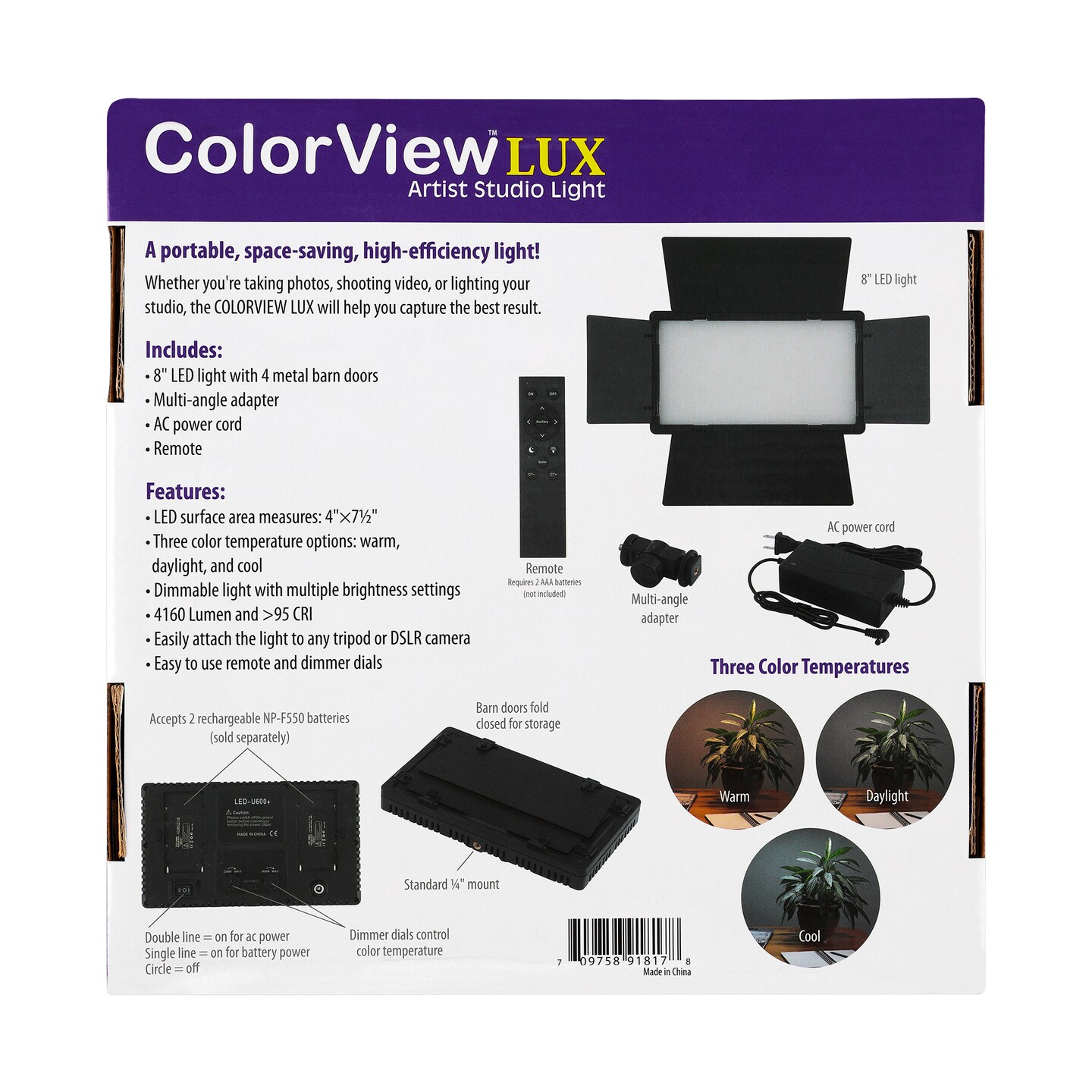 Acurit Colorview Lux Artist Studio Light - Adjustable Photography Lighting Kit 3 Color Temps, 4 Metal Barn Doors, 4160 Lumens LED - Remote Control, AC Power Supply, 6&#x27;6&#x22; Light Stand Included