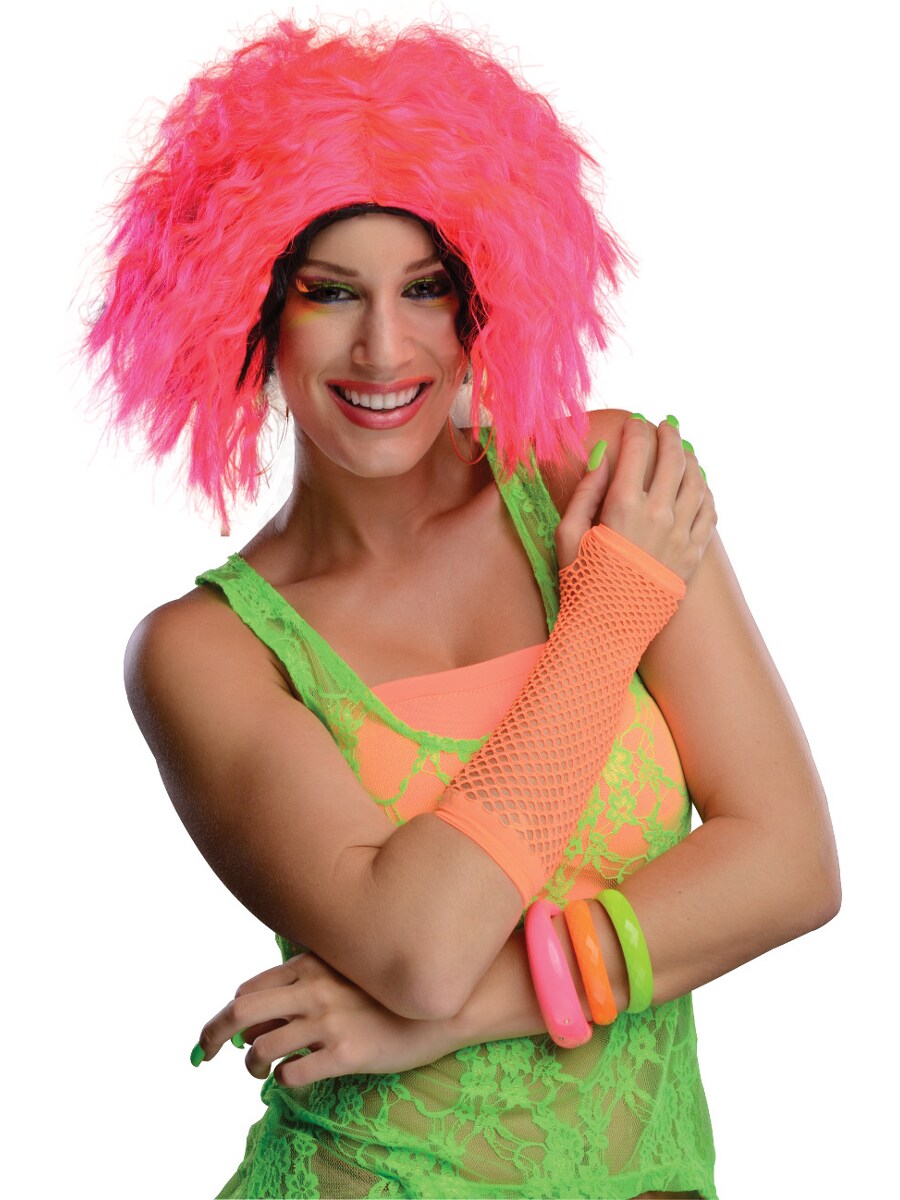 Adult Womens 80s Neon Chic Pink Black Rave Dance Costume Wavy Wig