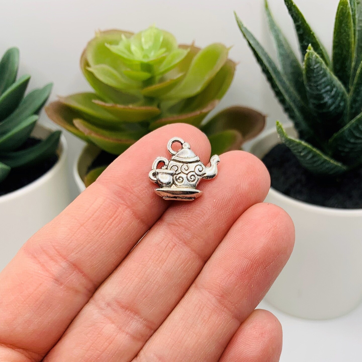4, 20 or 50 Pieces: Silver Teapot Charms - Double Sided