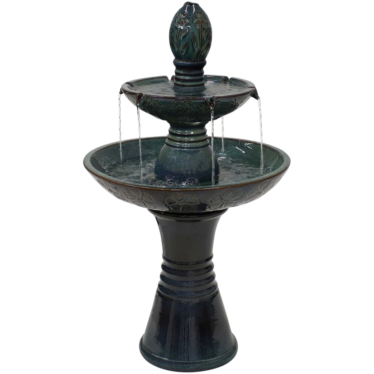 Sunnydaze Double Tier Ceramic Outdoor 2-Tier Water Fountain With Lights