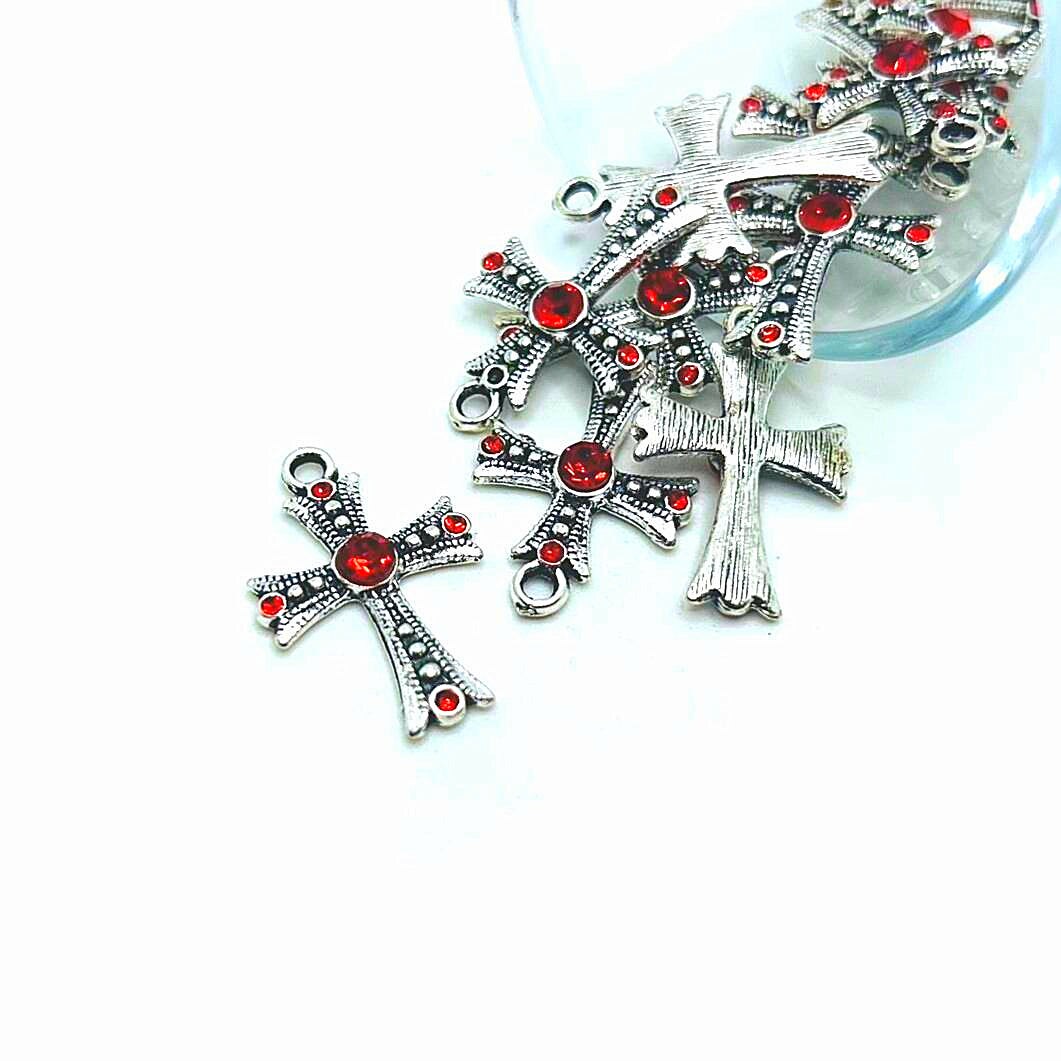 4, 20 or 50 Pieces: Cross Pendant Charms with Red Rhinestones