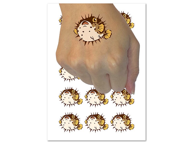 Startled Spiny Puffed Pufferfish Funny Fugu Temporary Tattoo Water Resistant Fake Body Art Set Collection (1 Sheet)