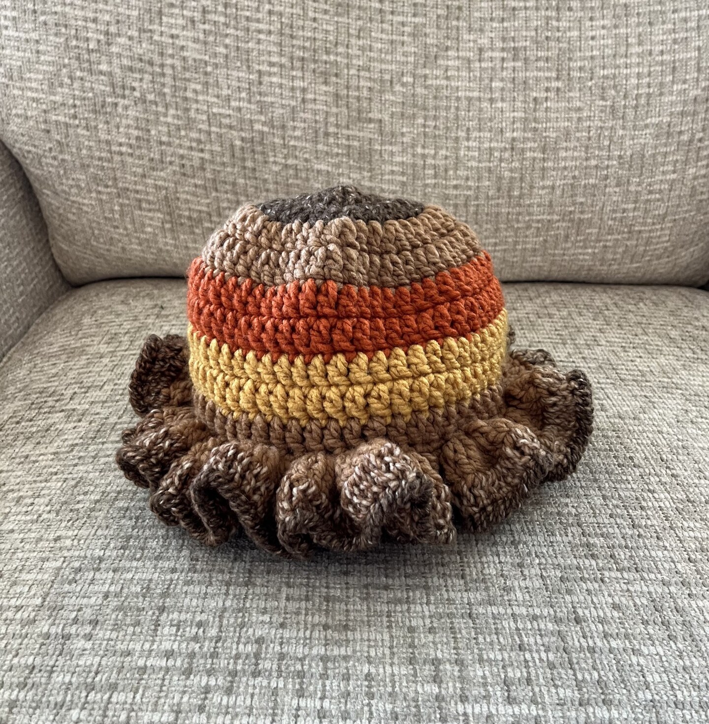 Handcrafted Crochet Ruffle Bucket Hat Green Orange Handmade By Seller Knit Handmade Crochet Ruffle Bucket Hat - Fall Multicolor - Etsy main image 2