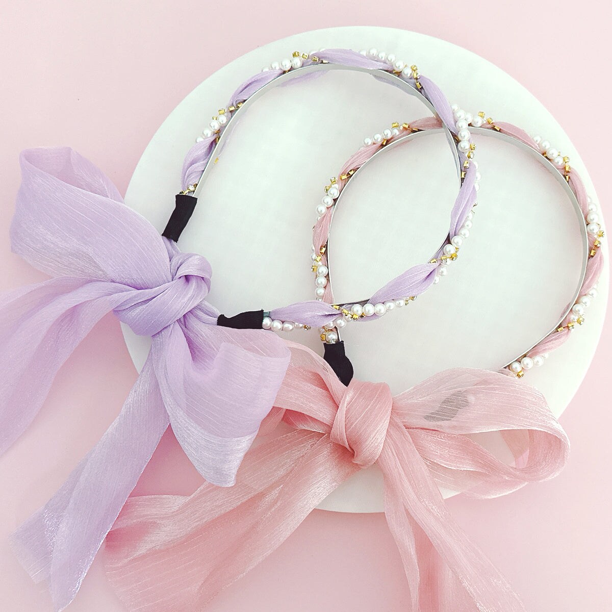 Wrapables Pearl &#x26; Rhinestone Headbands with Long Ribbon Head Wraps (Set of 2)