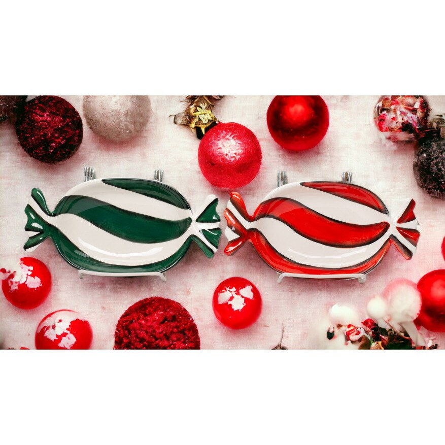 Ceramic Peppermint Candy Dish Set Of 2 Red Green 7.75 Inch