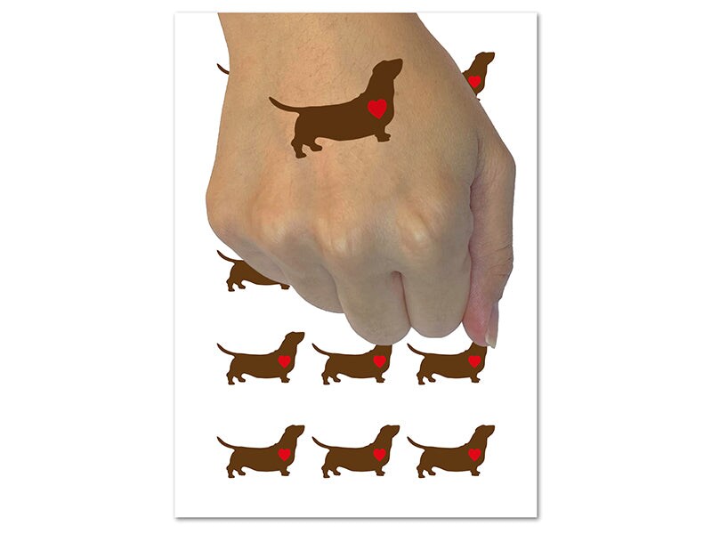 Basset Hound Dog with Heart Temporary Tattoo Water Resistant Fake Body Art Set Collection (1 Sheet)