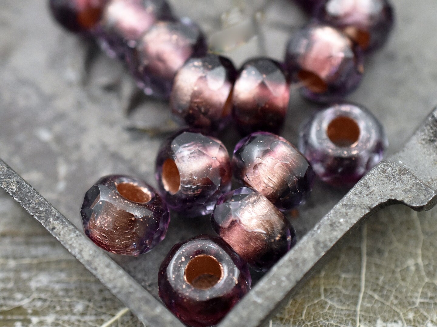 *15* 7x12mm Copper Lined Amethyst Fire Polished Large Hole Rondelle Beads
