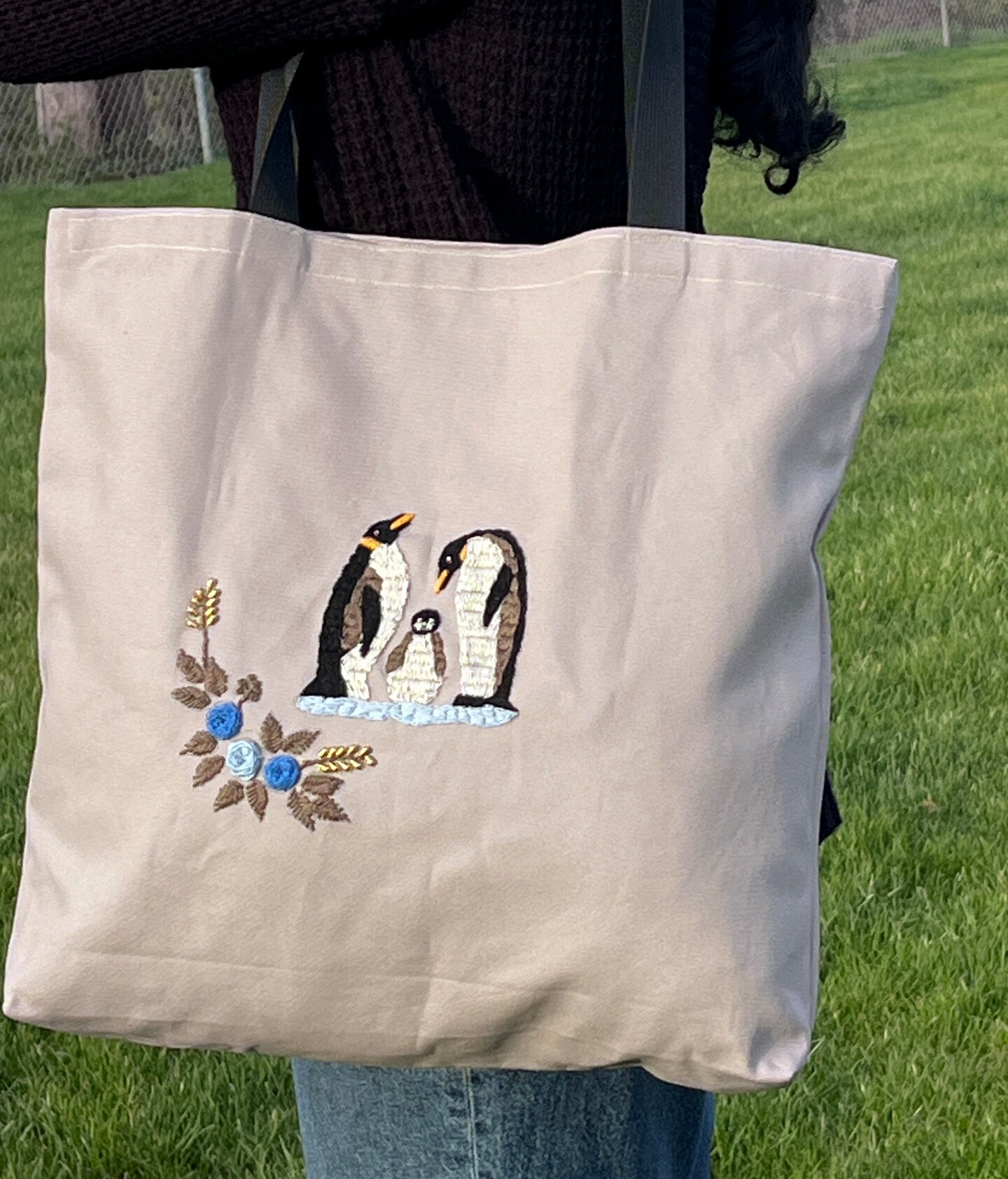 Handmade Embroidered Tote Bag Gift bag, school and work bag, designed  with penguins, flowers, elephants, and Lined bag with pocket
