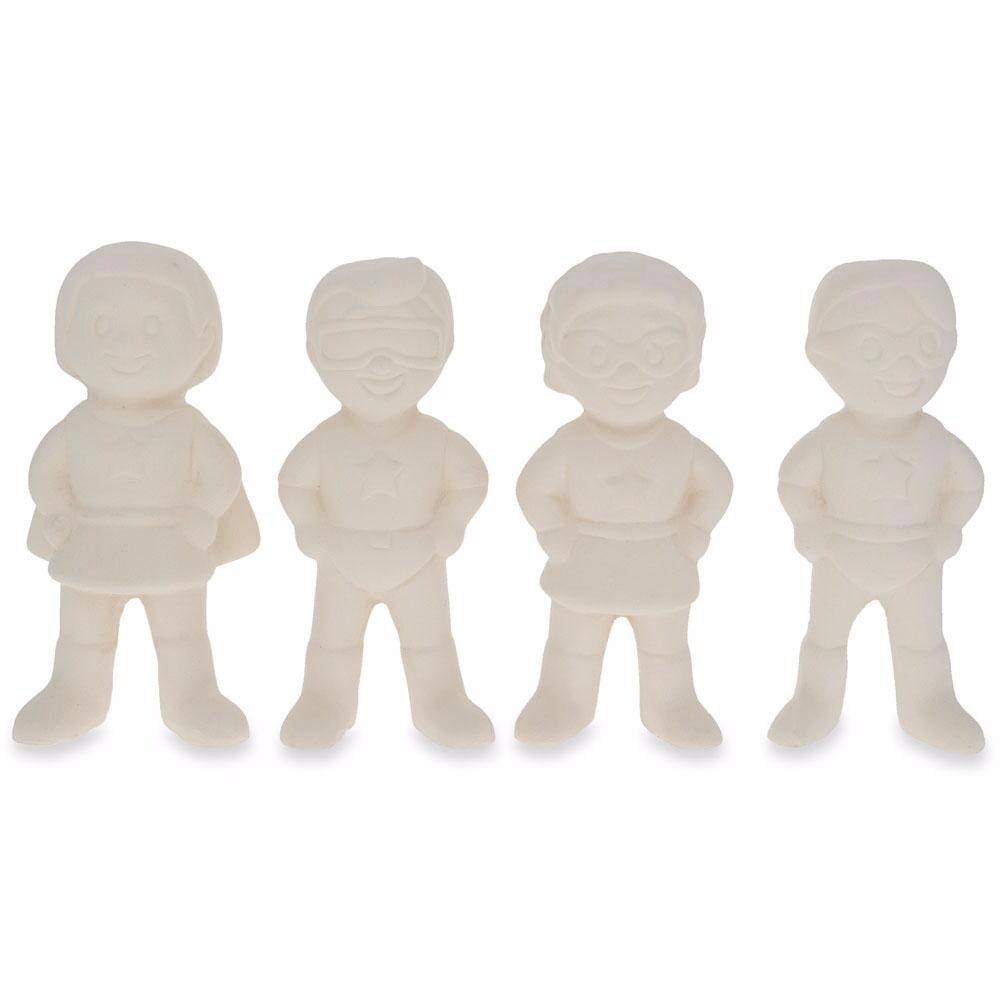 Set of 4 Blank Superhero Ceramic Figurines Male and Female 3 Inches