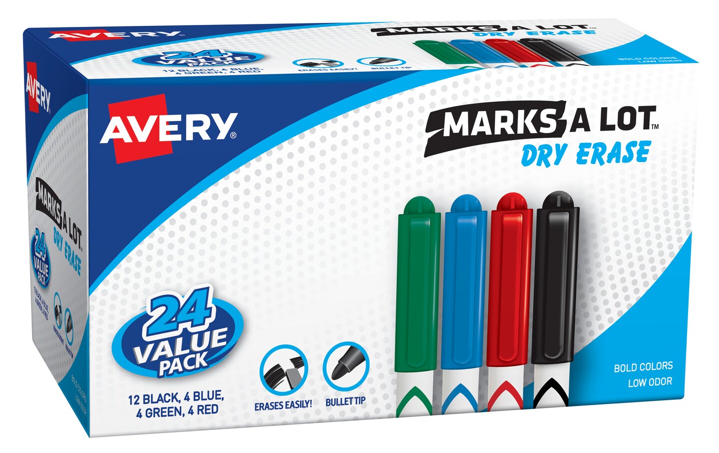 Avery Marks A Lot Pen-Style Dry Erase Markers, Bullet Tip, Assorted Colors, Value Pack of 24 (29860)