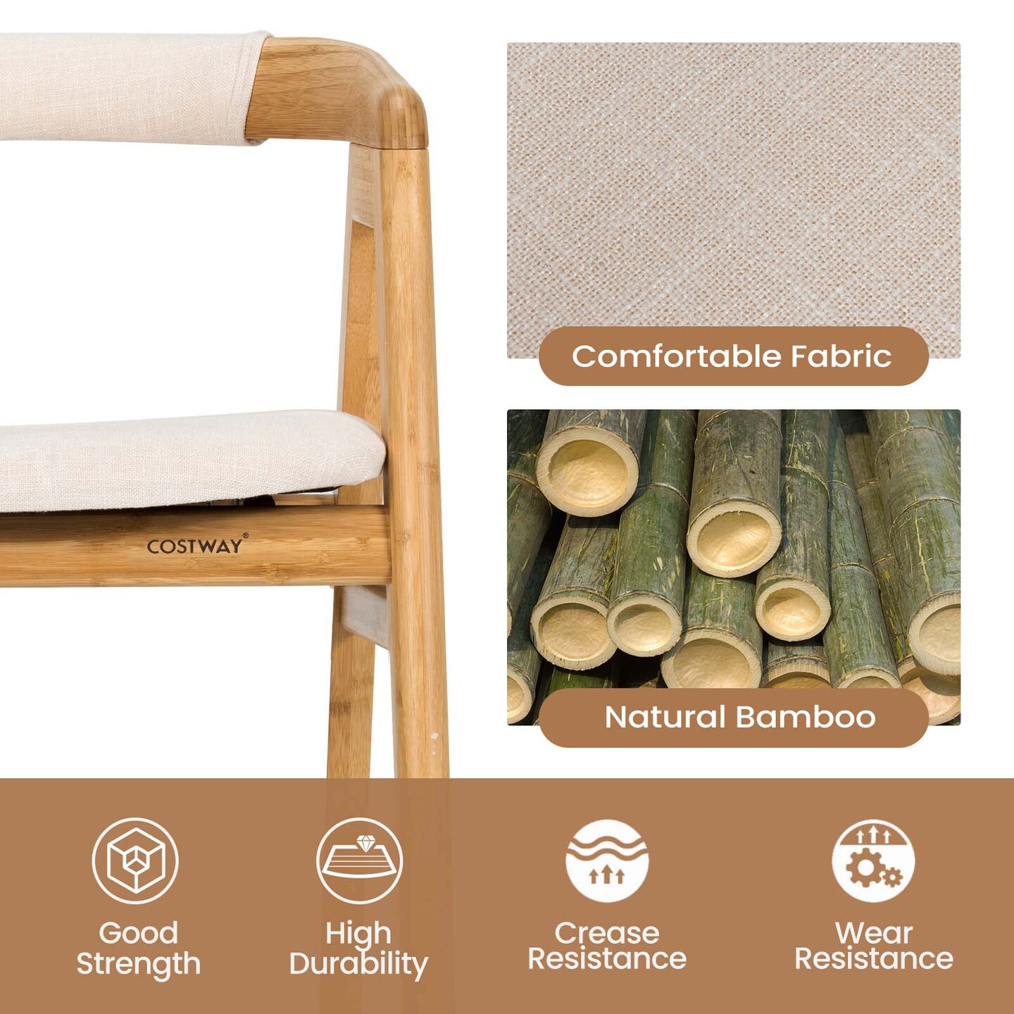 Costway Set of 2 Bamboo Accent Chairs Leisure Chairs Armchairs w/ Seat Cushion