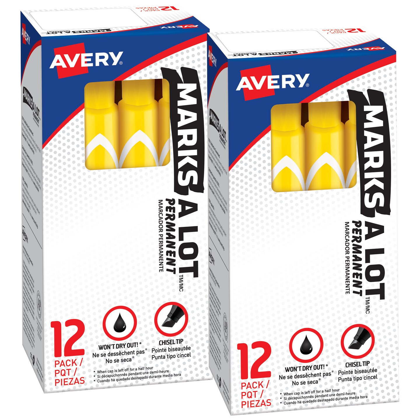 Avery Marks A Lot Permanent Markers, Chisel Tip, Large Desk-Style Size, 12 per Pack, 2 Packs, 24 Yellow Markers Total (50215)