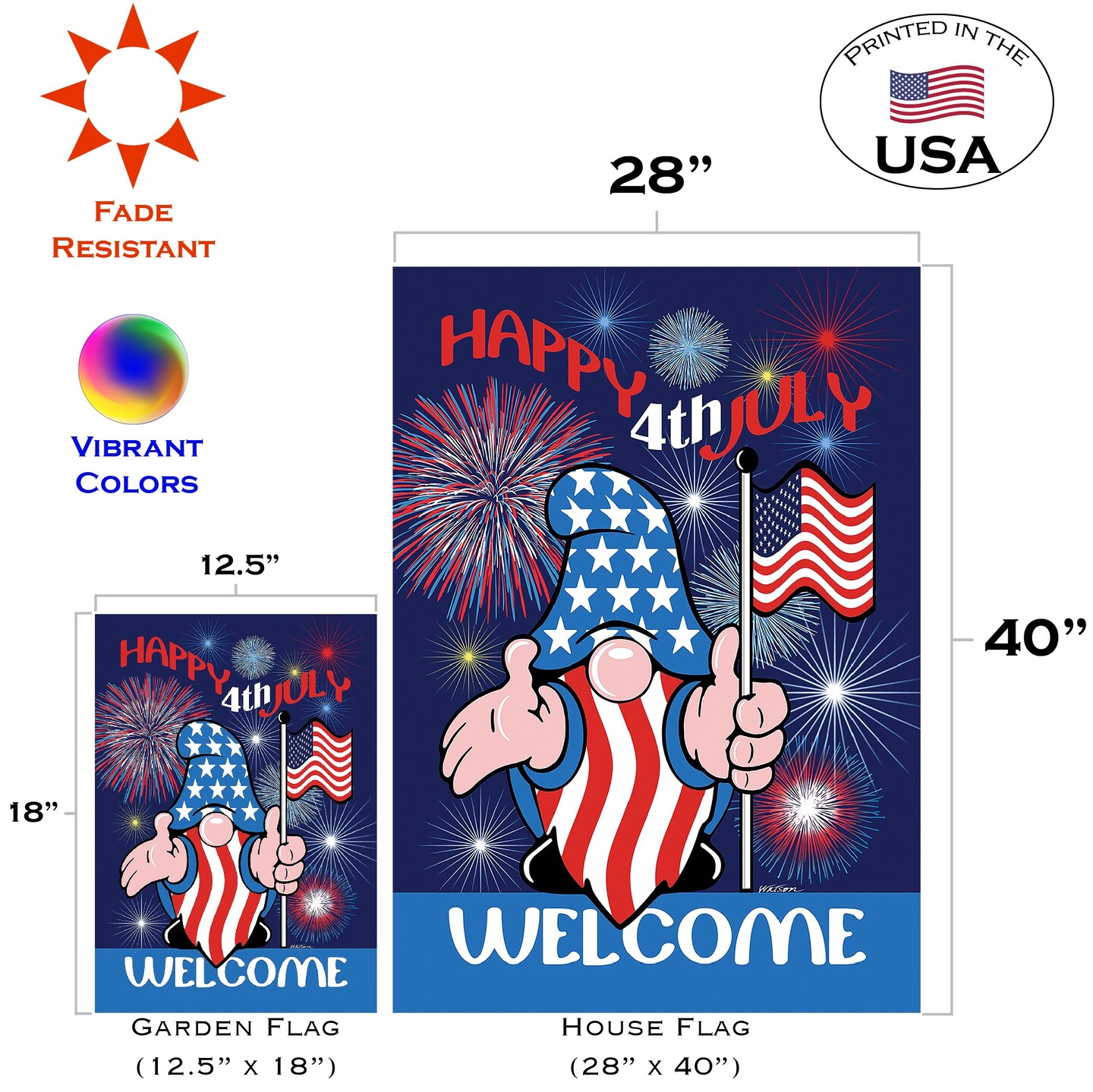 Patriotic Gnome Welcome Decorative 4th Of July Double Sided Flag