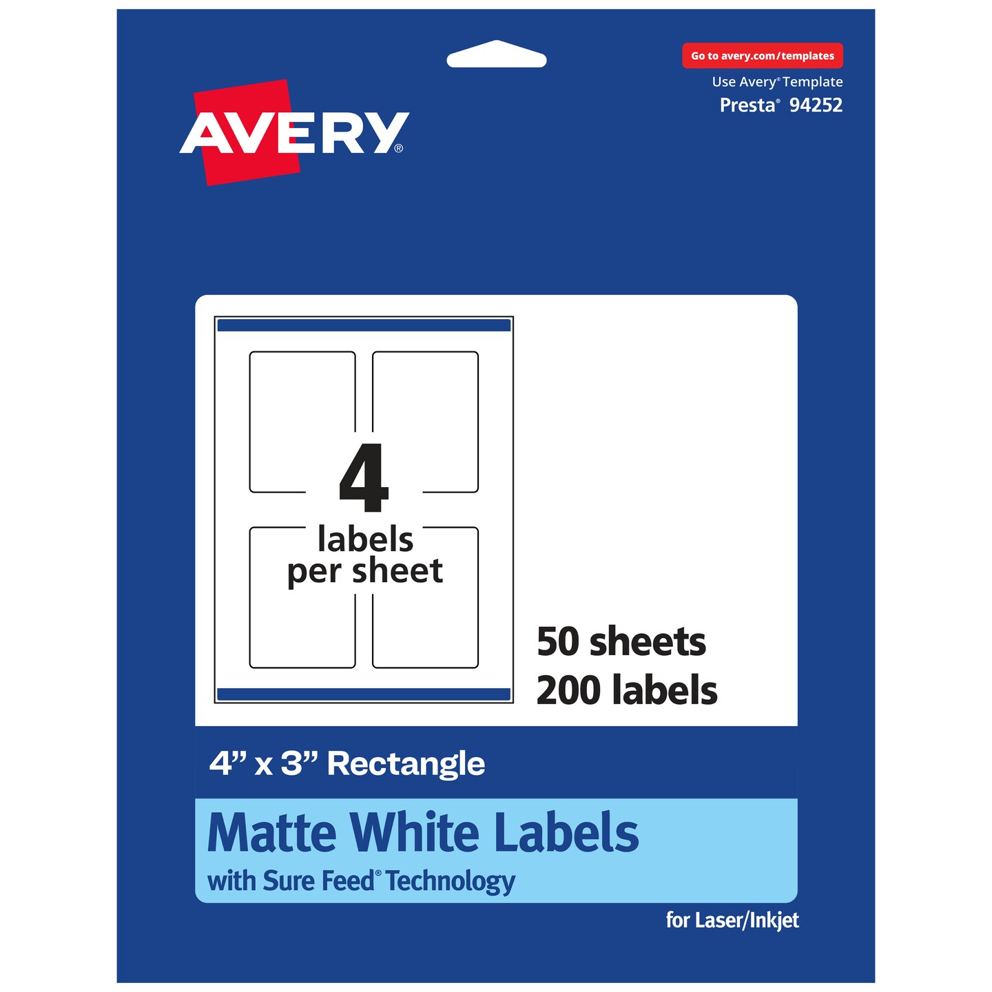 Avery Matte White Rectangle Labels, 4" x 3"