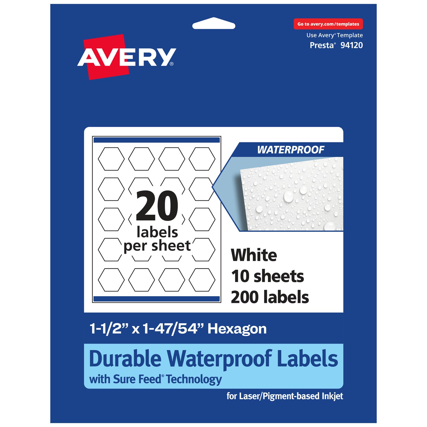 Avery Durable Waterproof Hexagon Labels with Sure Feed, 1-1/2&#x22; x 1-47/54&#x22;