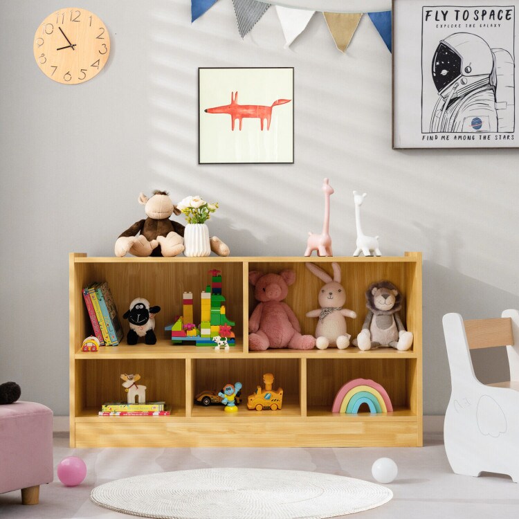 Kids 2-Shelf Bookcase with 5-Cube Wood Toy Storage Organizer Perfect for Children&#x27;s Room or Bedroom