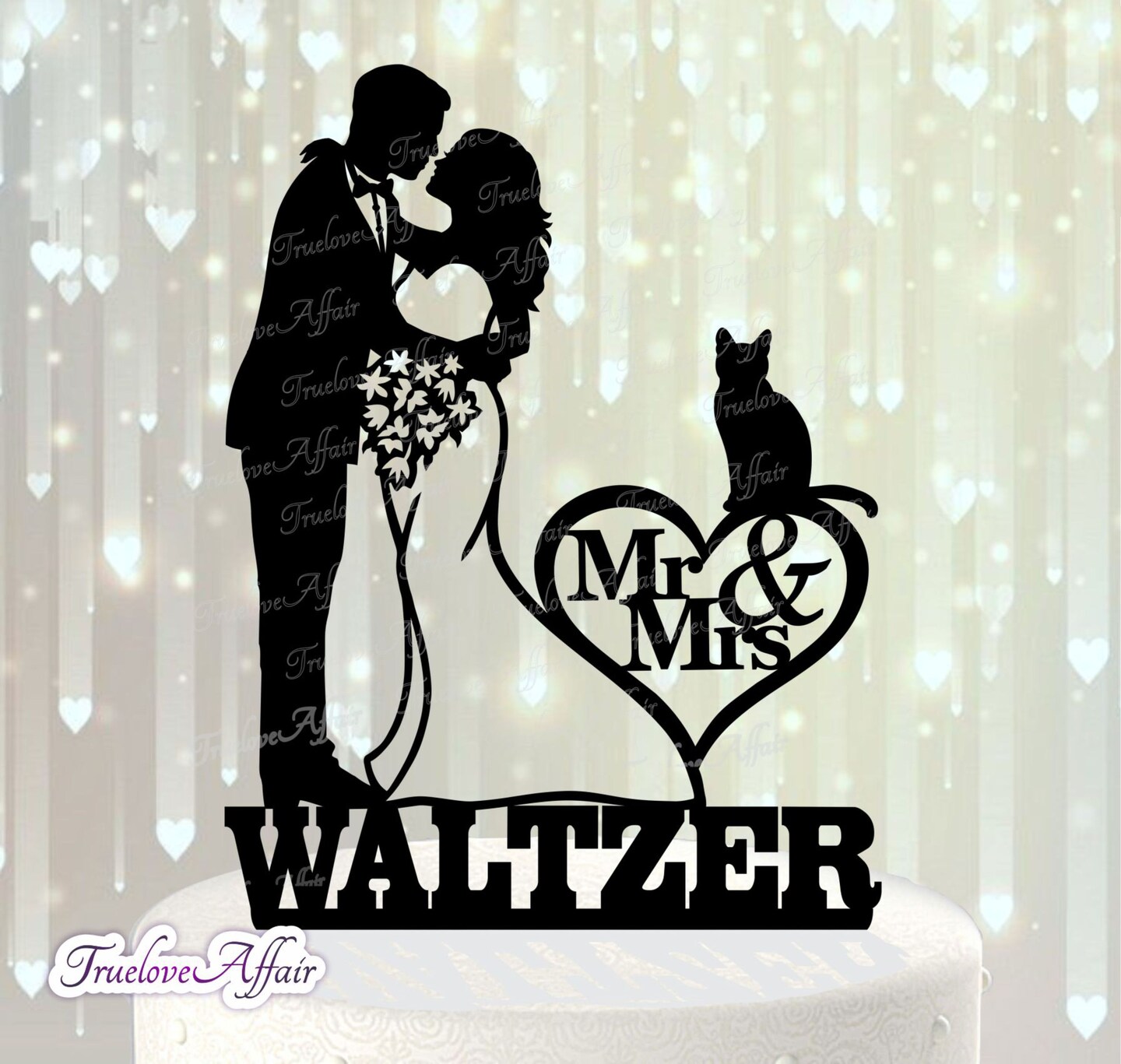 Silhouette Wedding Cake Topper ~ Bride And Groom With A Cat ~ Detailed Acrylic Wedding Cake 0592