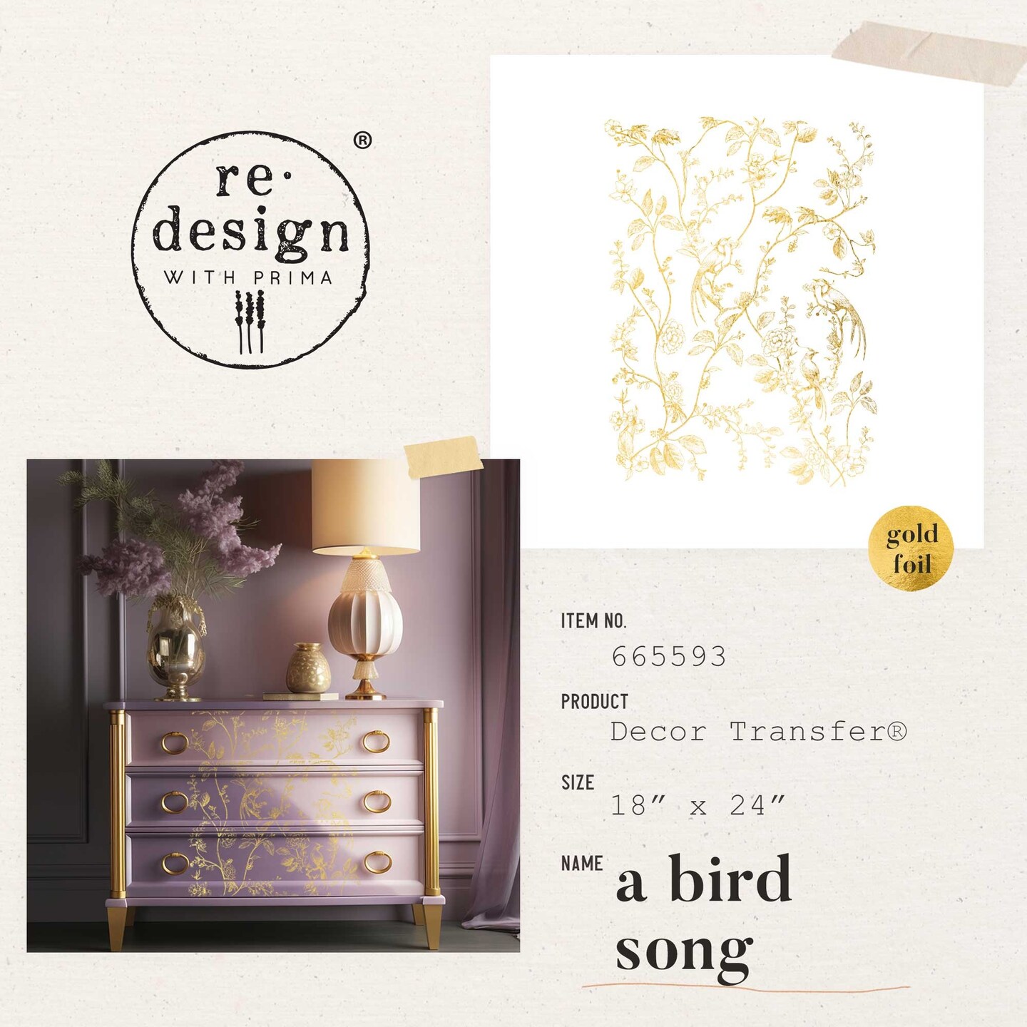 Prima Marketing Re-Design Gold Foil Kacha Decor Transfers-A Bird Song