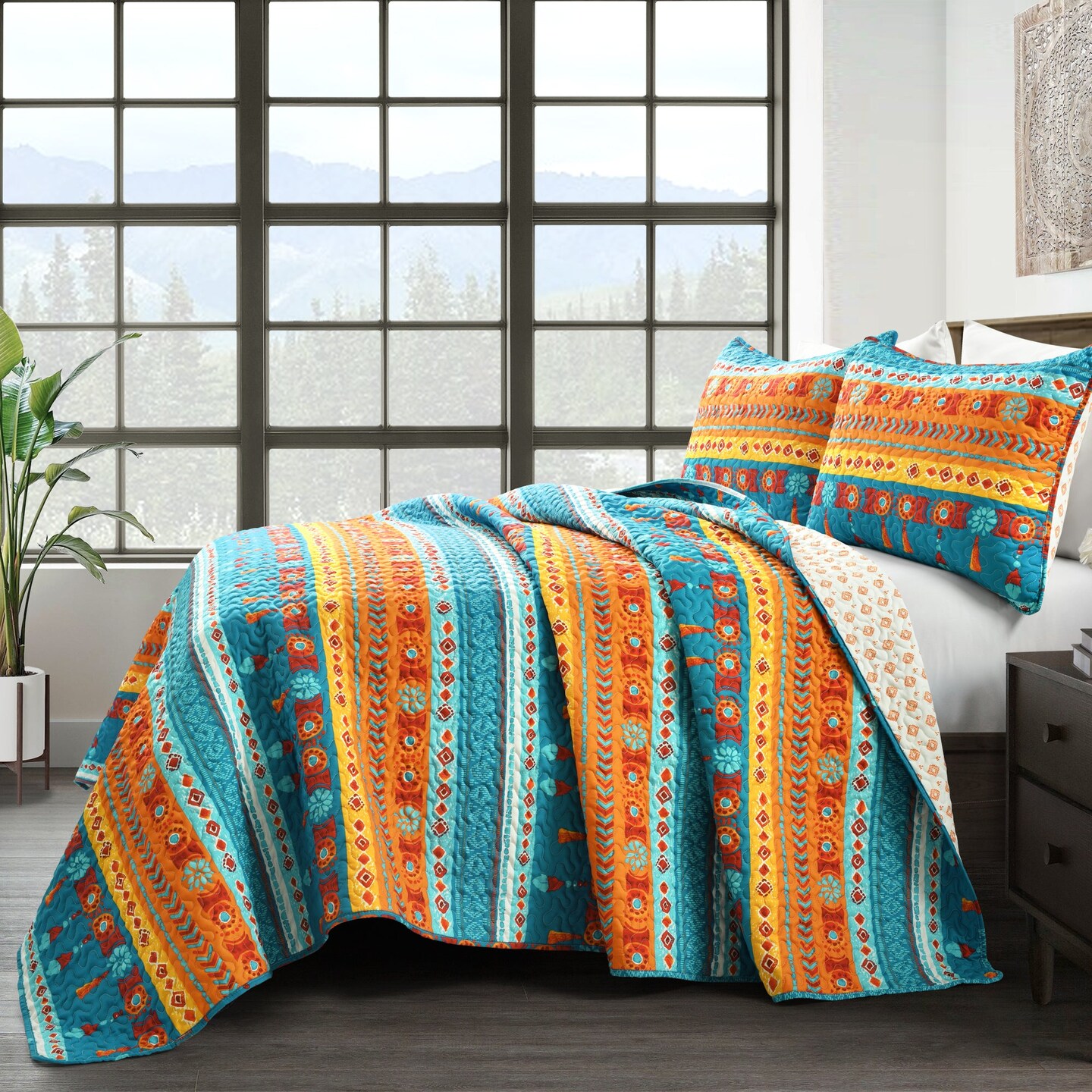 Boho Watercolor Border Quilt 3 Piece Set