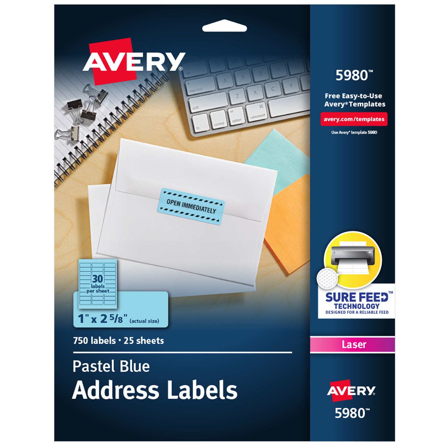 Avery Neon Address Labels with Sure Feed for Laser Printers, 1&#x22; x 2 5/8&#x22;, 750 Pastel Blue Labels (5980)