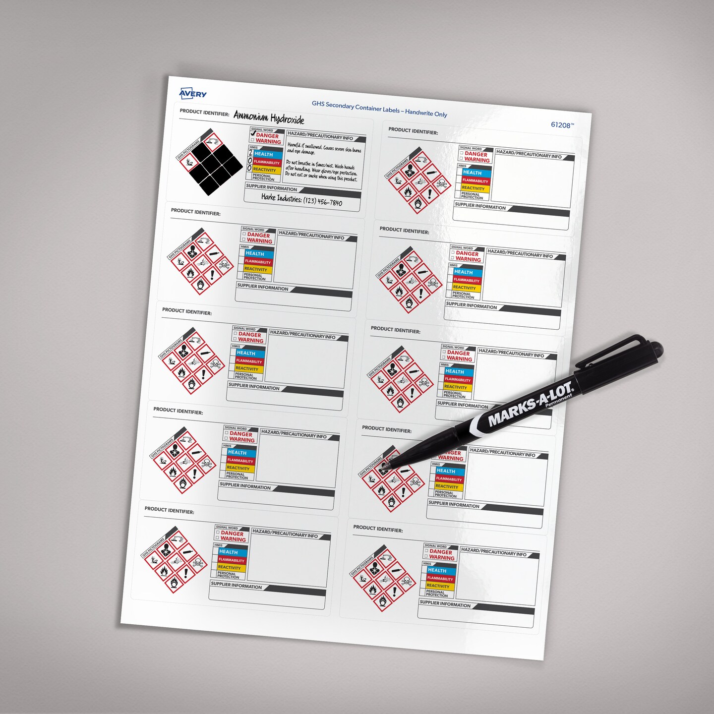 Avery GHS Secondary Container Labels, Pre-Printed, Handwrite Only, 2" x 4", 250 Labels (61208)