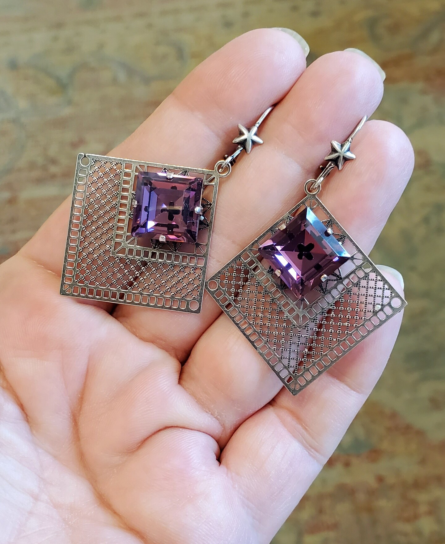 Large Art Deco Amethyst Square Drop Earrings, Antique Silver