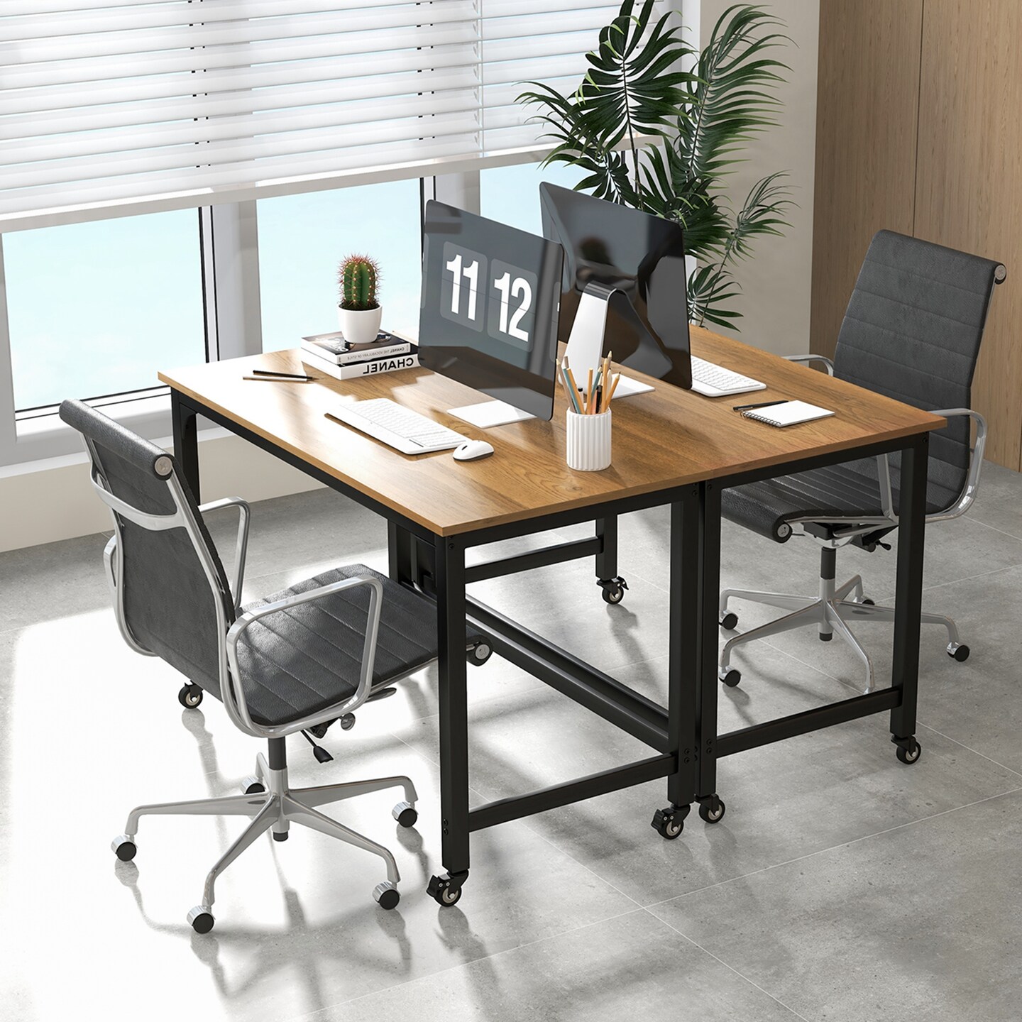 Costway48" Rolling Computer Desk Metal Frame PC Laptop Table Wood Top Study Workstation