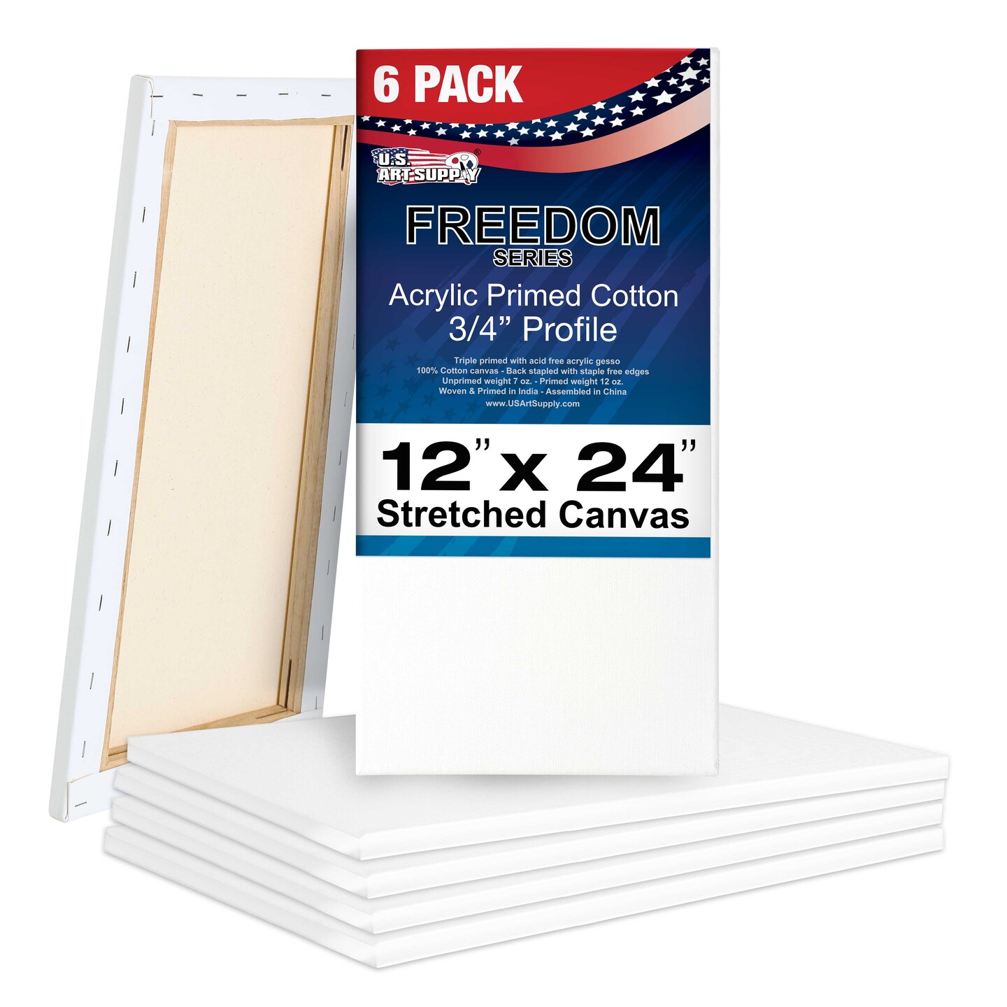 12 x 24 inch Stretched Canvas 12-Ounce Triple Primed, 6-Pack - Professional Artist Quality White Blank 3/4&#x22; Profile, 100% Cotton, Heavy-Weight Gesso