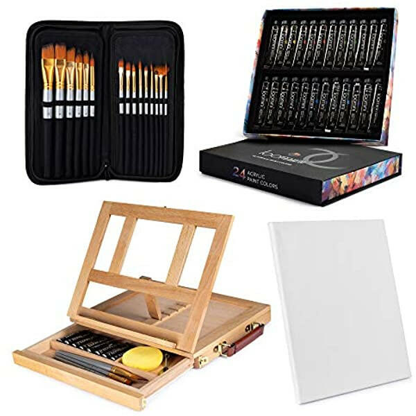 Bob Ross Oil Painting Master Paint Set + 12x16 Stretched Canvas Pack of 2  + Aluminum Table Easel