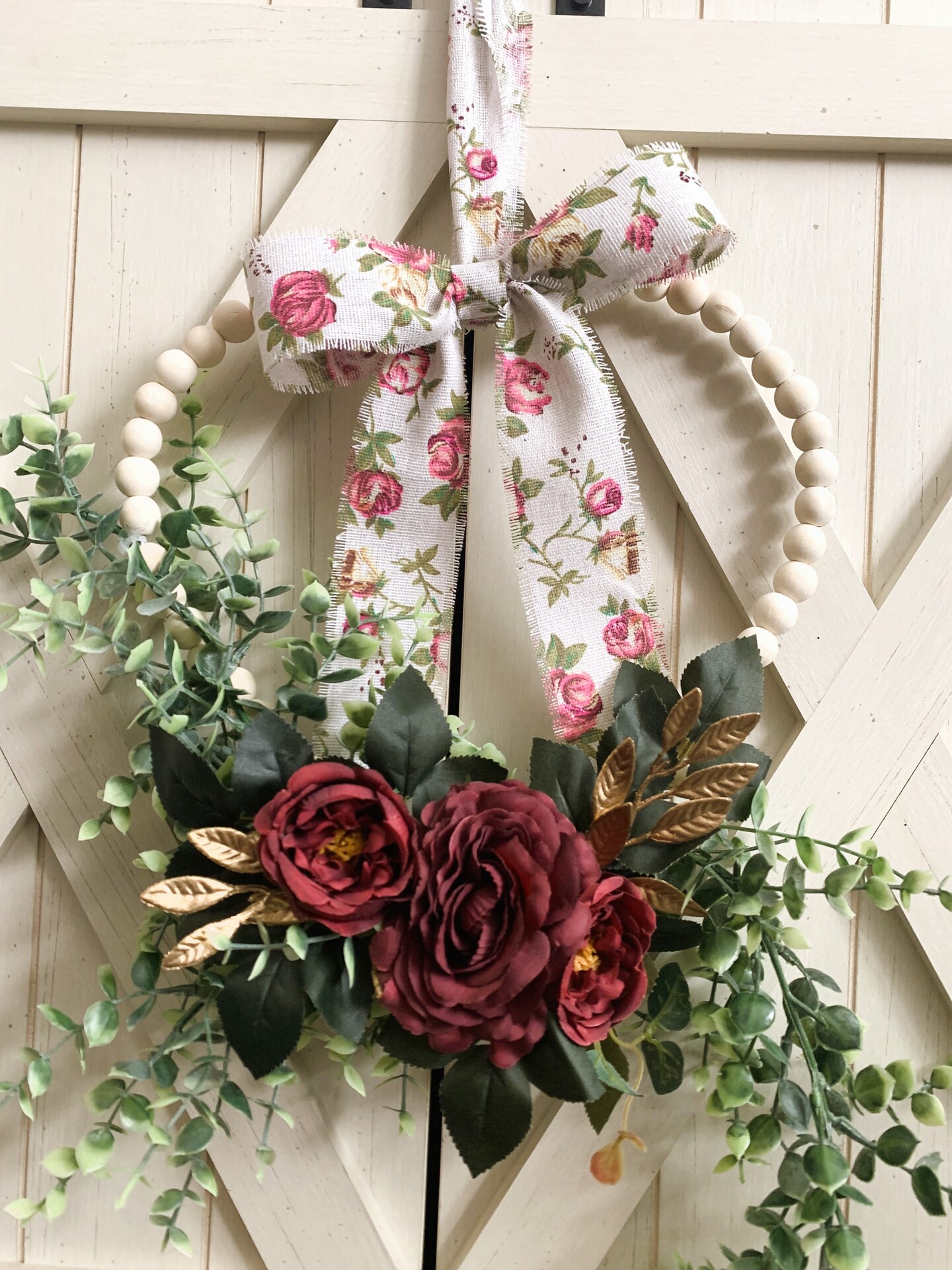 Small Shabby Chic Valentine Heart Wreath Wood Bead Heart Maroon