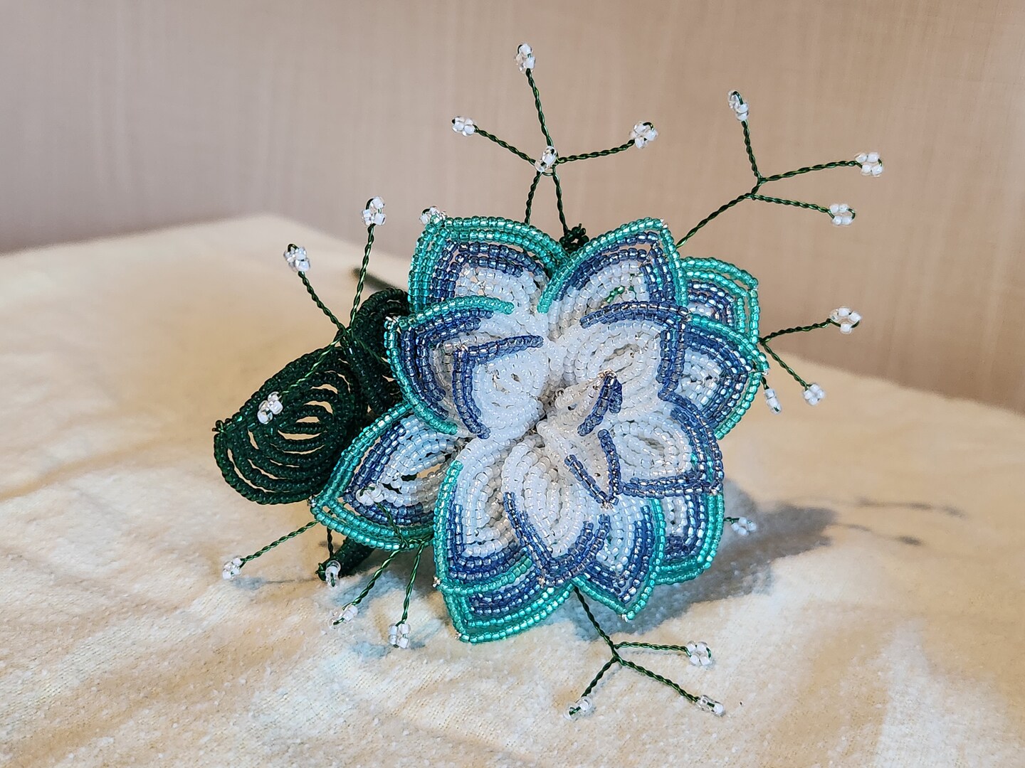 French Beaded flowers tri tone rose with babies breath