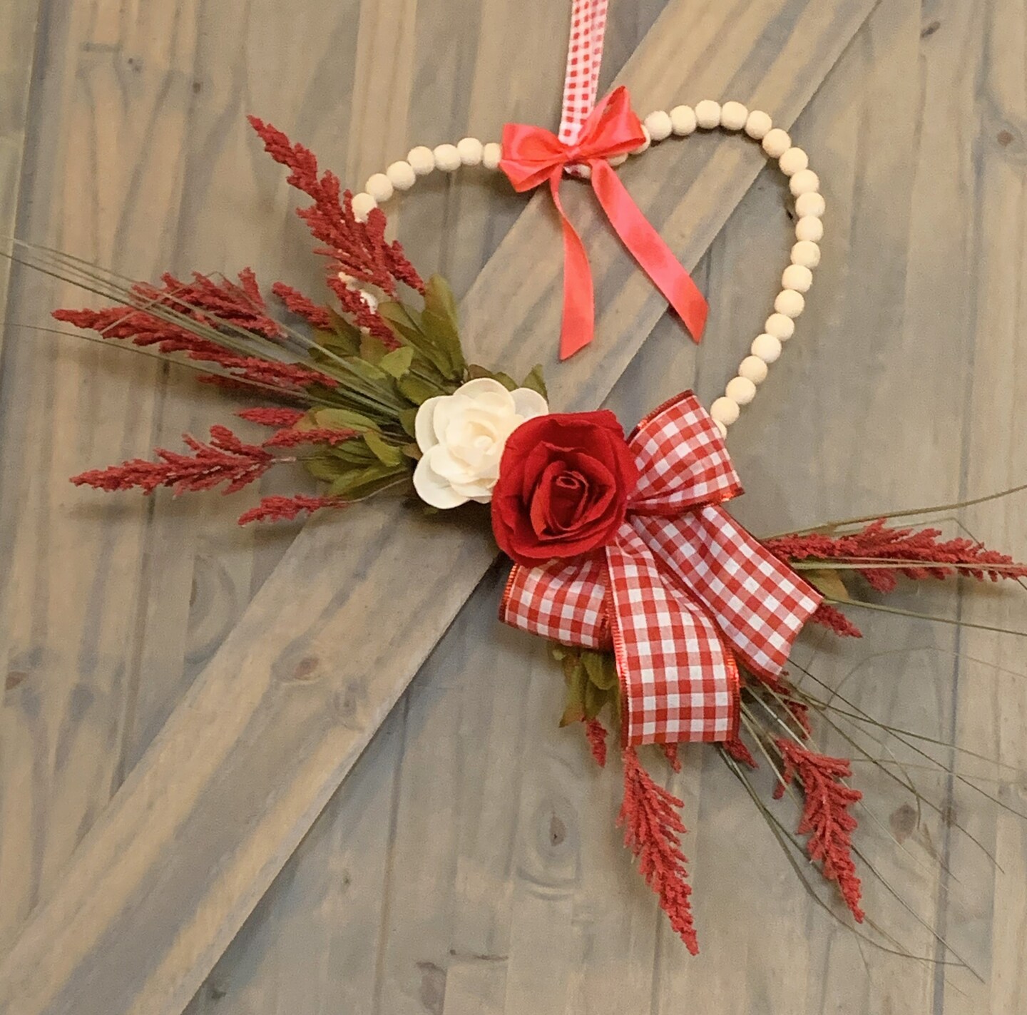 Small Valentine Heart Wreath Red Rose Wood Bead Heart Wreath Red
