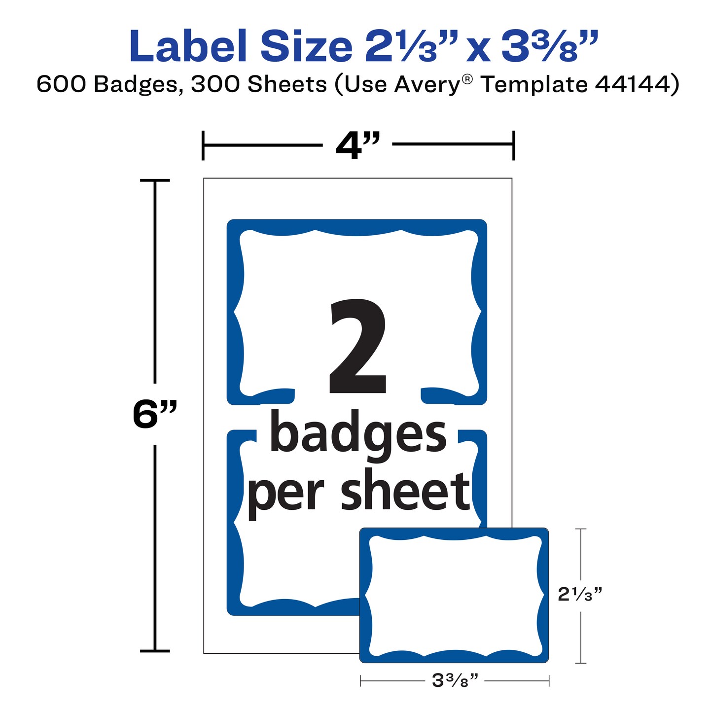 Avery Customizable Name Tags, 2-1/3" x 3-3/8", White with Blue Border, 6 Packs of 100, 600 Removable Name Badges Total (44144)